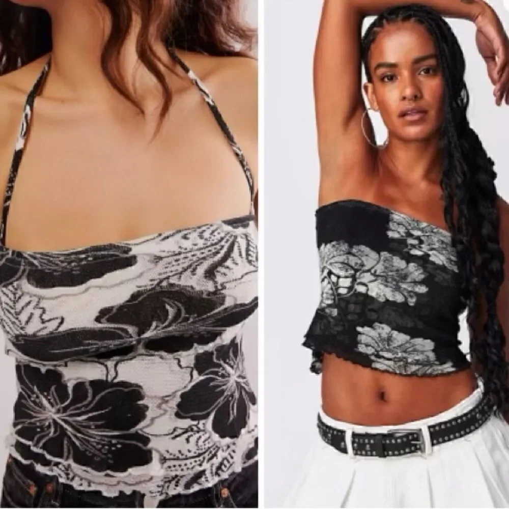 NWOT Free People Poppy Tube Top Black Floral Cropped L Removable Straps Smock